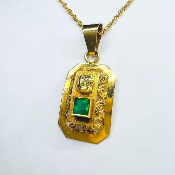 18k Yellow Gold Pre Columbian Tumi Natural Emerald Necklace 18" 3.3g 14k Chain - Picture 7 of 15